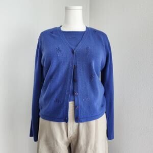 Vintage 90s Liz Claiborne Villager Blue Floral Knit Cardigan Sweater Twinset M